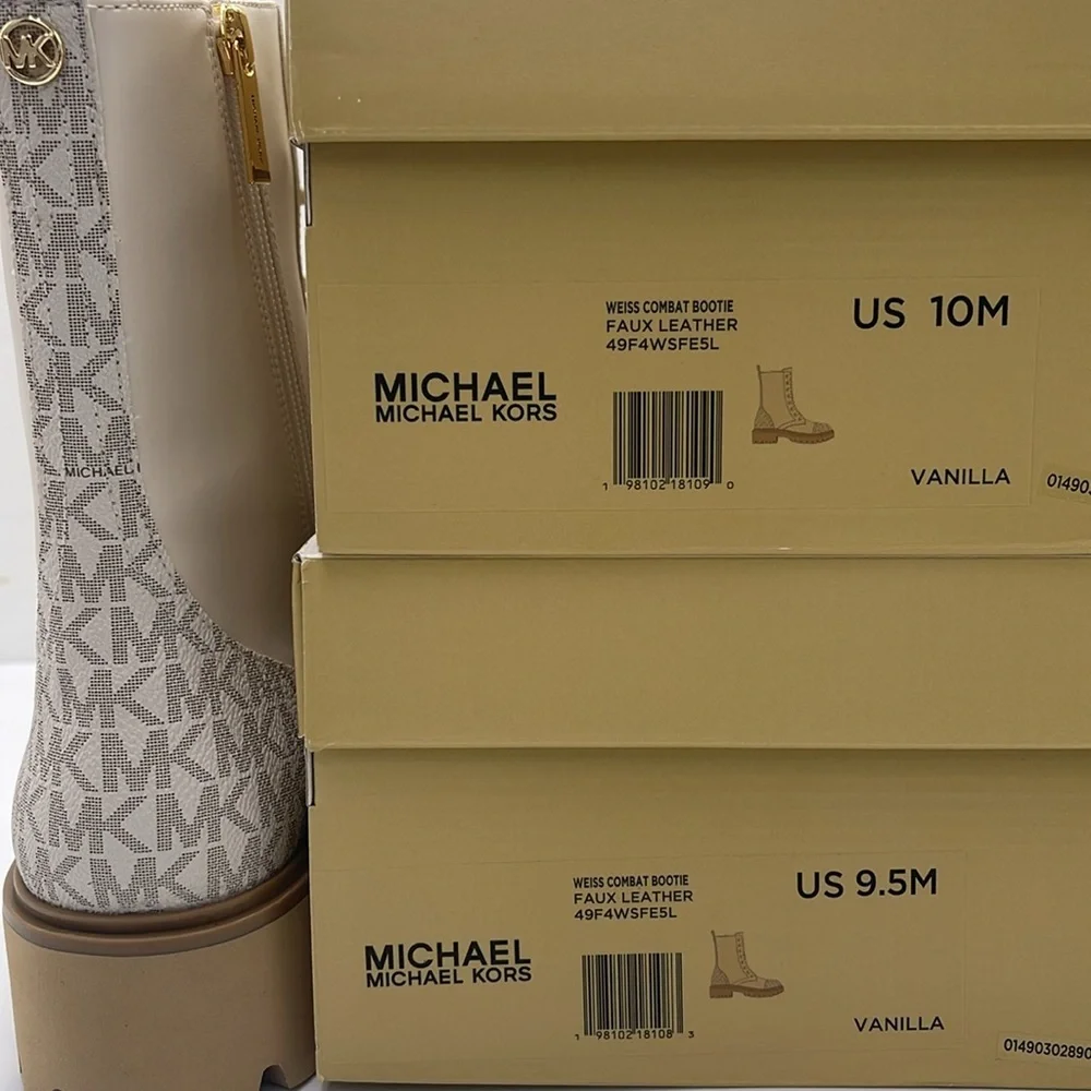 MICHAEL KORS Weiss Leather and Signature Logo Combat Bootie Faux Leather  Vanill
